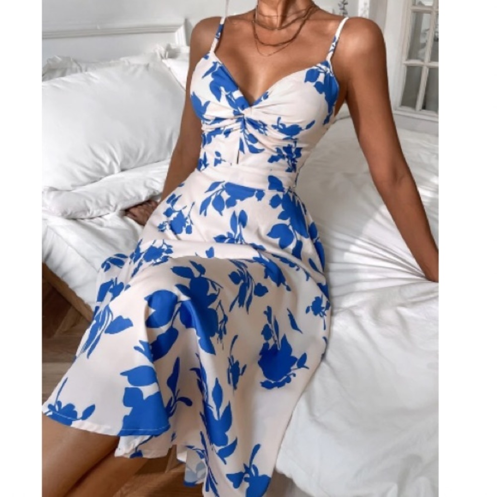 Boho floral leaves print tie back cami maxi dress